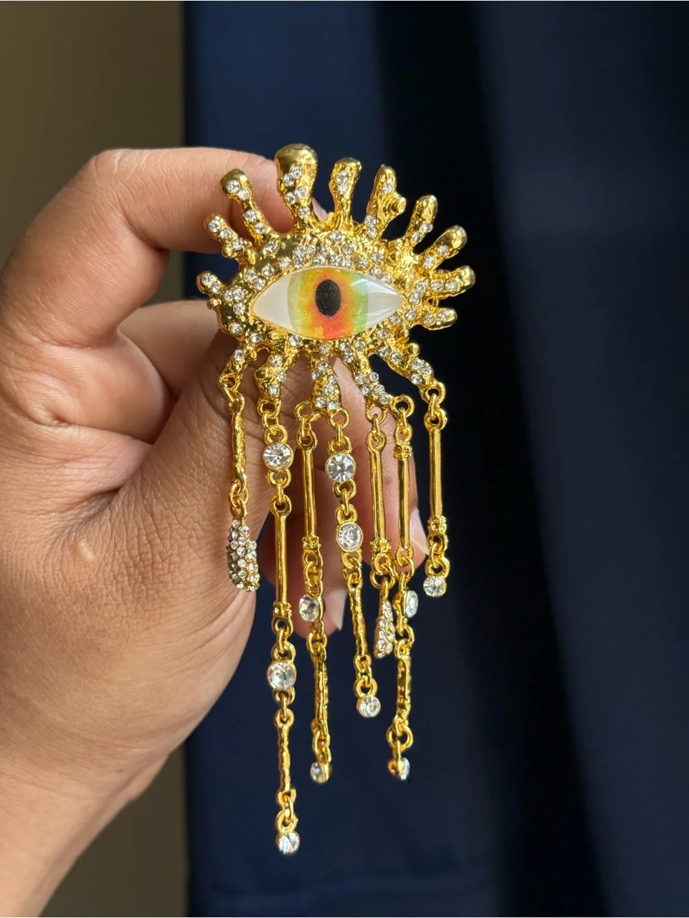 Schiaparelli Inspired Gold Evil Eye Fringe Brooch with Crystal Accents